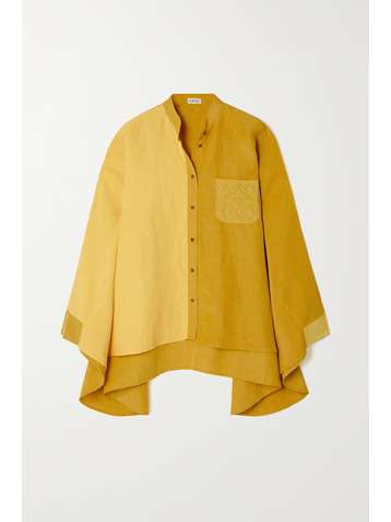 LOEWE Oversized embroidered two-tone linen and silk-blend shirt