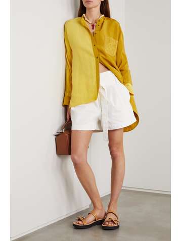 LOEWE Oversized embroidered two-tone linen and silk-blend shirt