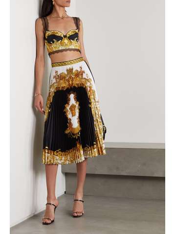 VERSACE Lace-trimmed printed silk-twill bustier top