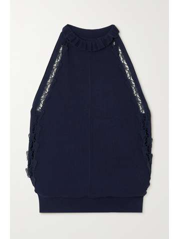 CHLOÉ Guipure lace-trimmed ribbed silk and cotton-blend top