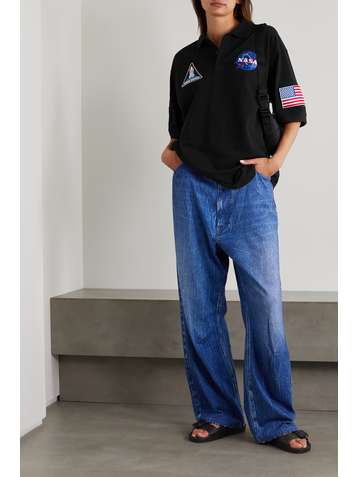 BALENCIAGA NASA Space oversized appliquéd printed cotton-piqué polo shirt