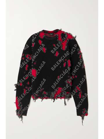 BALENCIAGA Verkürzter Pullover aus einer Wollmischung mit Intarsienmuster in Distressed-Optik