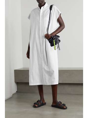 BALENCIAGA Hemdblusenkleid aus gestreifter Baumwollpopeline mit Print und Fransen