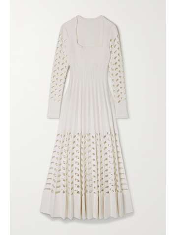 ALAÏA Pleated open-knit wool-blend midi dress