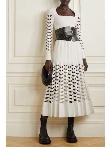 ALAÏA Pleated open-knit wool-blend midi dress