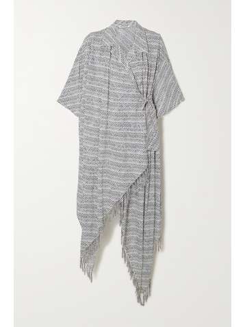 BALENCIAGA Asymmetric fringed printed cady wrap blouse