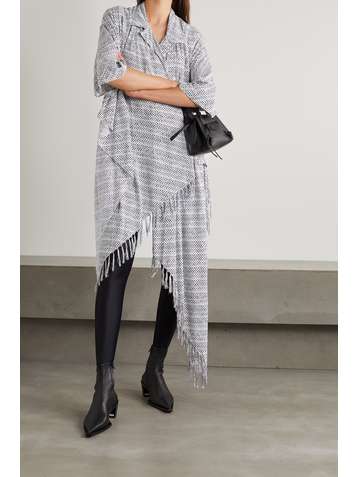 BALENCIAGA Asymmetric fringed printed cady wrap blouse