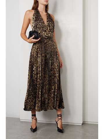 DOLCE & GABBANA Open-back leopard-print plissé silk-blend halterneck midi dress