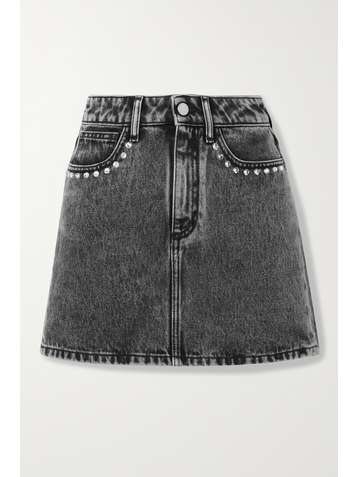 ALESSANDRA RICH Crystal-embellished acid-wash denim mini skirt