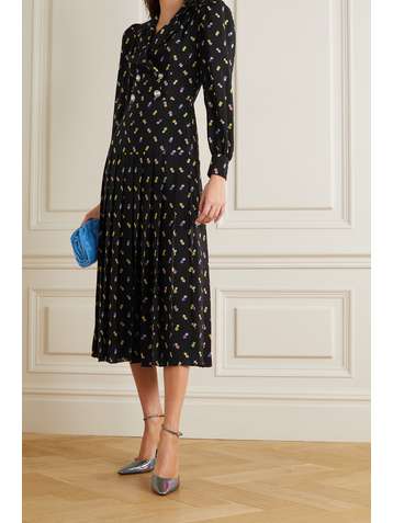 ALESSANDRA RICH Pleated floral-print silk crepe de chine midi dress