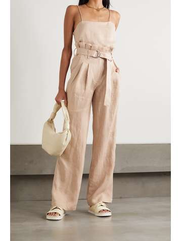 ANINE BING Pantalon droit en lin à plis et à ceinture Thalia