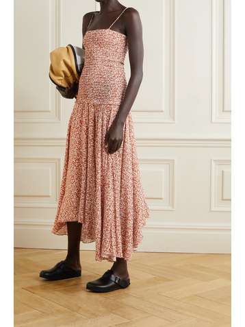 PROENZA SCHOULER WHITE LABEL Asymmetric smocked floral-print woven midi dress