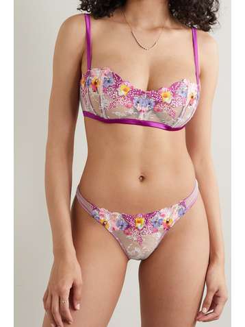 FLEUR DU MAL Orchid satin-trimmed appliquéd lace thong