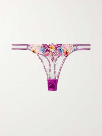 FLEUR DU MAL Orchid satin-trimmed appliquéd lace thong