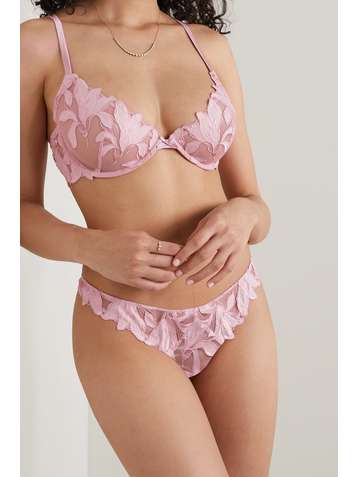 FLEUR DU MAL Lily satin-trimmed embroidered stretch-tulle thong
