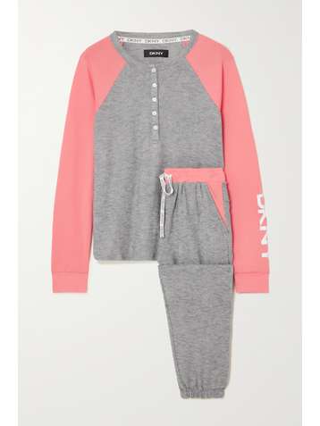 DKNY Here to Chill printed two-tone brushed jersey pajama set