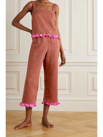 DORA LARSEN Alexa Pyjama aus einer Leinen-Biobaumwollmischung mit Rüschen