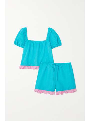 DORA LARSEN Sienna ruffed linen and organic cotton-blend pajama set