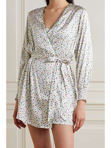 MORGAN LANE Larsen Morgenmantel aus Satin aus einer Seidenmischung mit Blumenprint und Bindegürtel