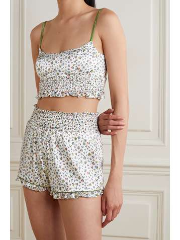 MORGAN LANE Lia Marta shirred floral-print silk-blend satin pajama set