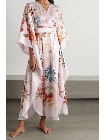 MENG Morgenmantel aus Seidensatin mit Blumenprint und Bindegürtel