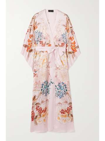 MENG Morgenmantel aus Seidensatin mit Blumenprint und Bindegürtel