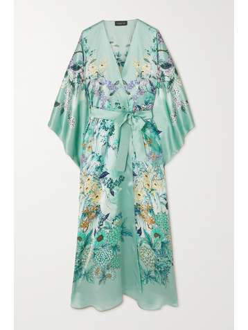 MENG Morgenmantel aus Seidensatin mit Blumenprint und Bindegürtel