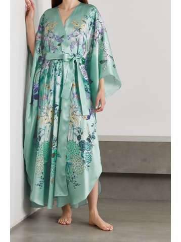 MENG Morgenmantel aus Seidensatin mit Blumenprint und Bindegürtel