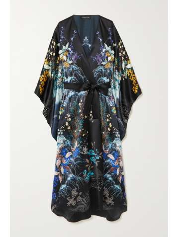 MENG Morgenmantel aus Seidensatin mit Blumenprint und Bindegürtel