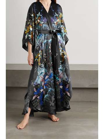 MENG Morgenmantel aus Seidensatin mit Blumenprint und Bindegürtel