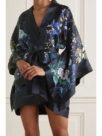 MENG Morgenmantel aus Seidensatin mit Blumenprint