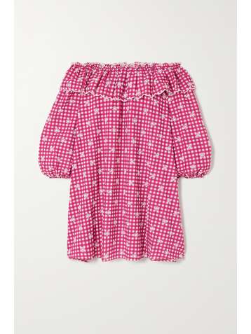 RIXO Bailey schulterfreies Nachthemd aus bestickter Baumwollpopeline mit Gingham-Karo