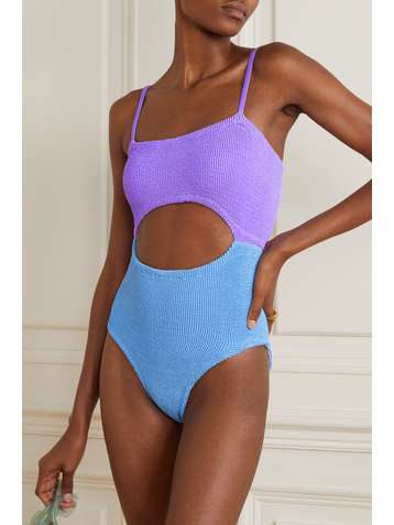 HUNZA G + NET SUSTAIN Lara cutout two-tone seersucker swimsuit