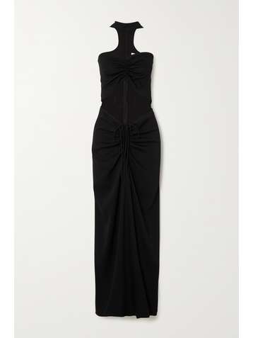 CHRISTOPHER ESBER Maxikleid aus Webstoff mit Raffungen, Cut-out und Stehkragen
