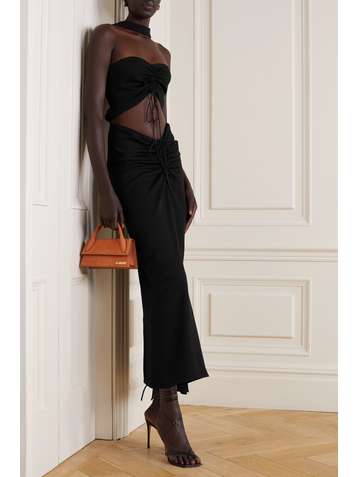 CHRISTOPHER ESBER Maxikleid aus Webstoff mit Raffungen, Cut-out und Stehkragen