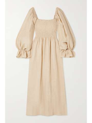 SLEEPER Atlanta off-the-shoulder shirred linen midi dress