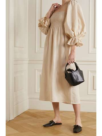 SLEEPER Atlanta off-the-shoulder shirred linen midi dress