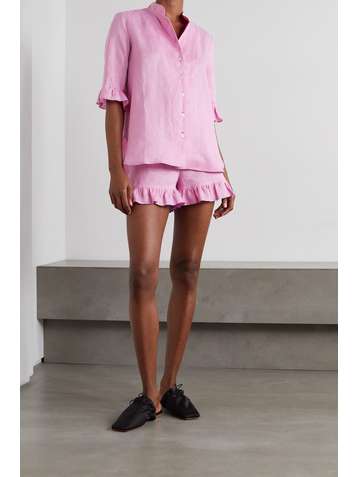 SLEEPER Ruffled linen shirt and shorts set