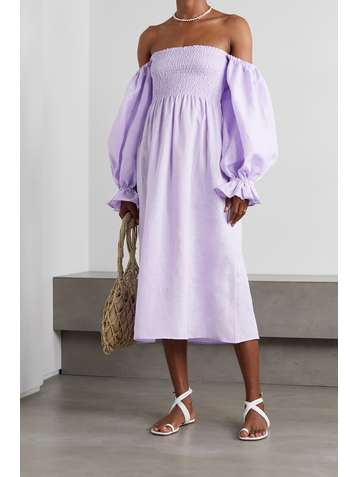 SLEEPER Atlanta off-the-shoulder shirred linen midi dress