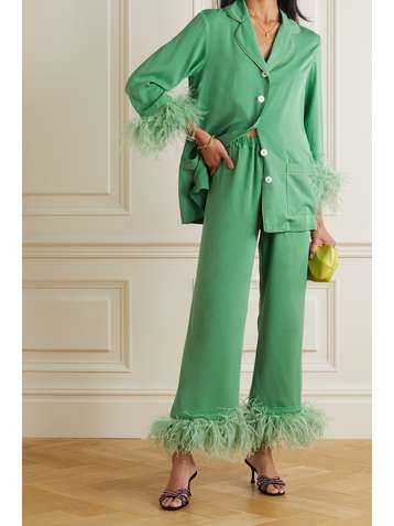 SLEEPER Feather-trimmed crepe de chine pajama set
