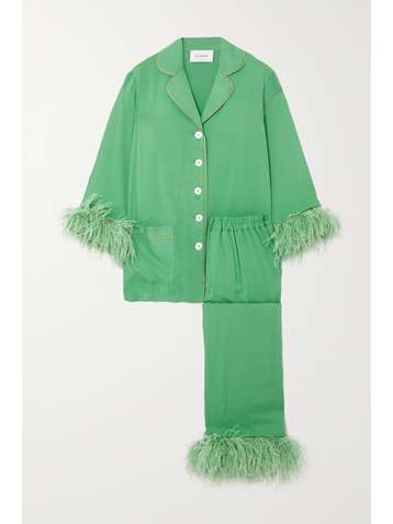 SLEEPER Feather-trimmed crepe de chine pajama set