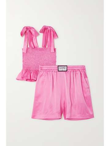 SLEEPER Tender Fighter ruffled shirred silk-satin pajama set