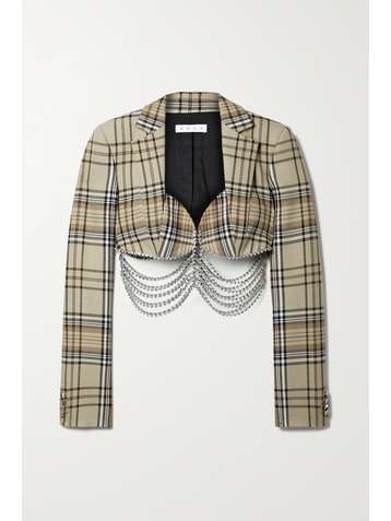 AREA Cropped crystal-embellished checked cotton and wool-blend blazer