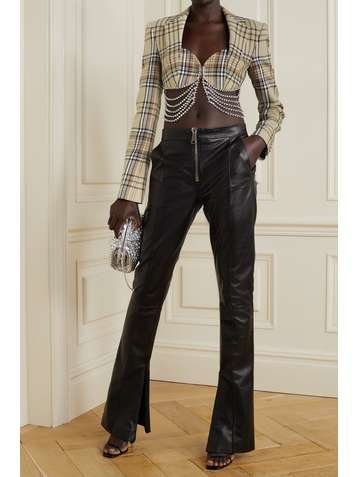 AREA Cropped crystal-embellished checked cotton and wool-blend blazer