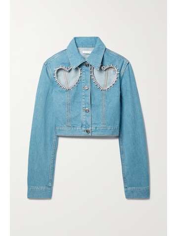 AREA Crystal-embellished cutout denim jacket