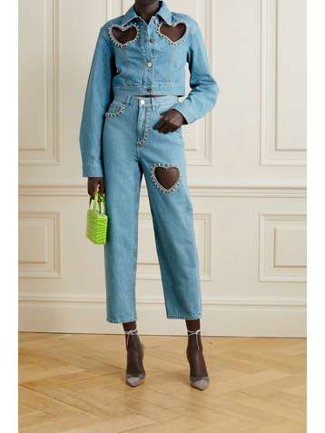 AREA Crystal-embellished cutout denim jacket