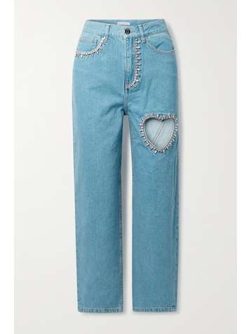AREA Crystal-embellished cutout mid-rise straight-leg jeans