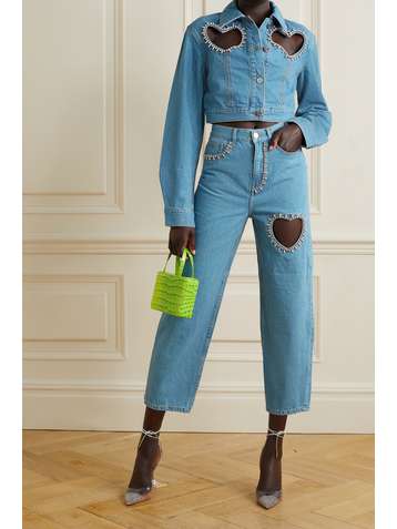 AREA Crystal-embellished cutout mid-rise straight-leg jeans