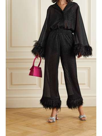 OSÉREE Lumière feather-trimmed stretch-Lurex wide-leg pants