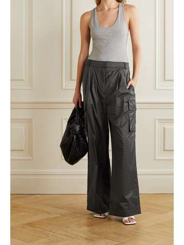 TIBI Pleated gingham shell wide-leg pants